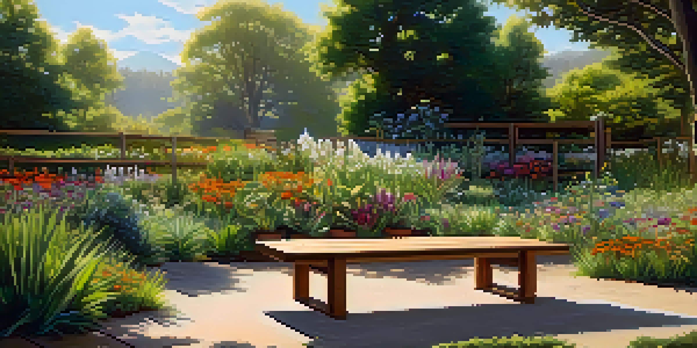 A peaceful herbal medicine garden with colorful plants and flowers, illuminated by soft sunlight, featuring a wooden bench in the foreground.