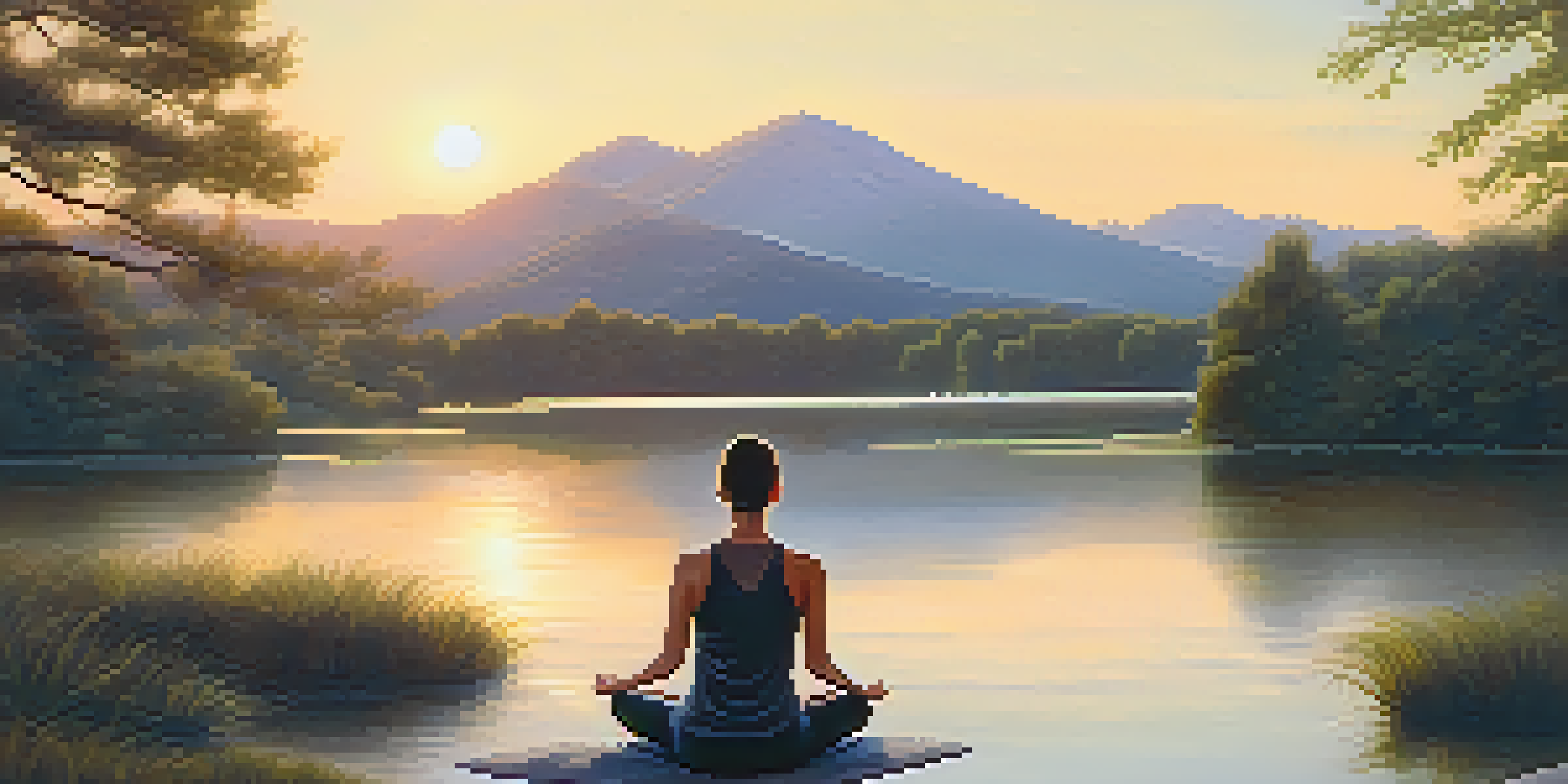 A person sitting cross-legged on a stone beside a calm lake at sunset, surrounded by greenery.