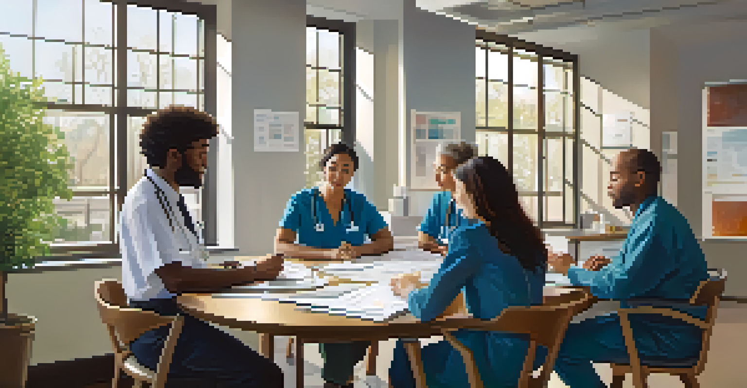 A diverse healthcare team collaboratively discussing a patient care plan with charts and a laptop on the table, illuminated by natural light.