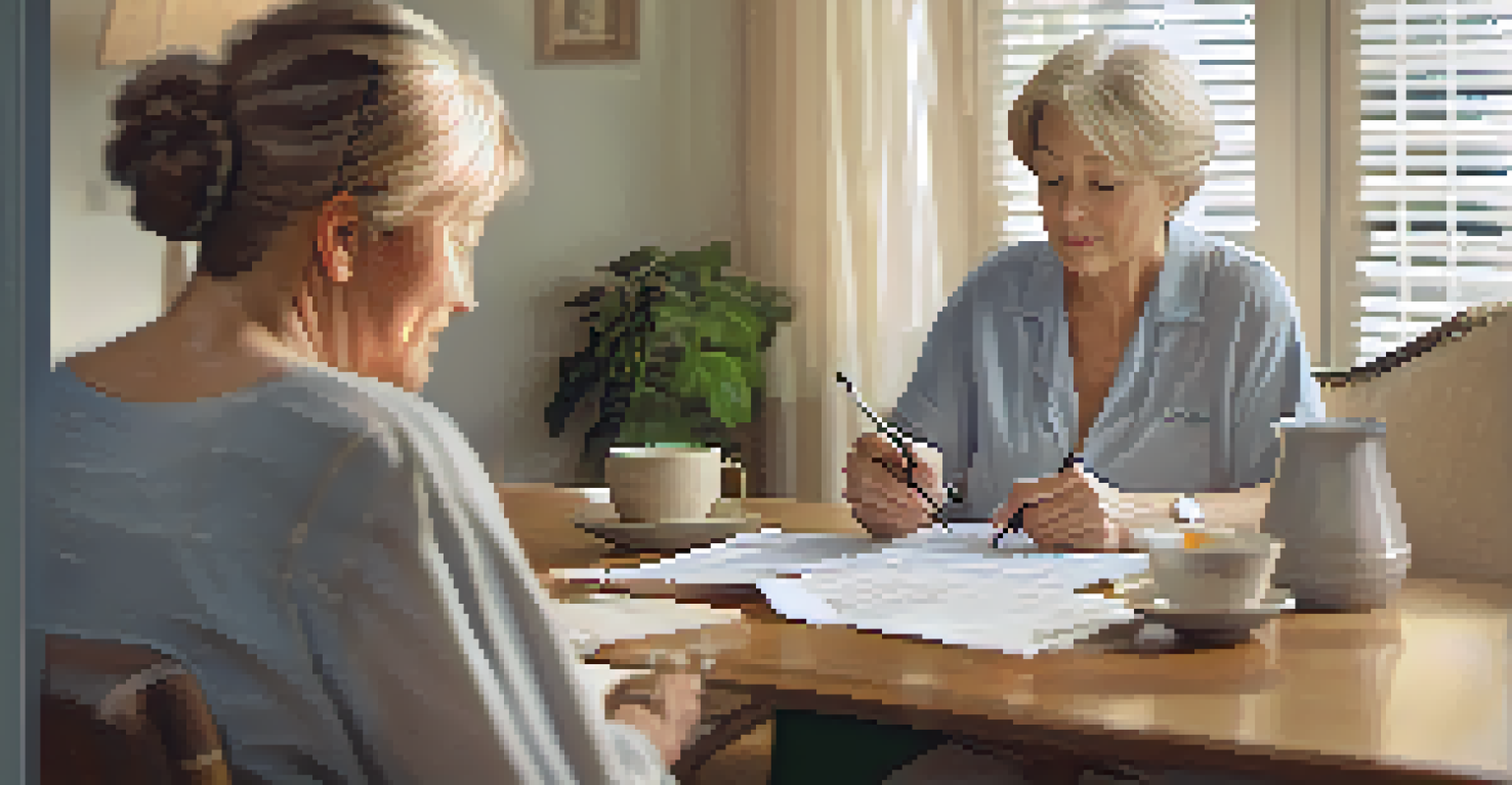 A middle-aged woman filling out a patient survey form in a cozy living room with soft lighting.
