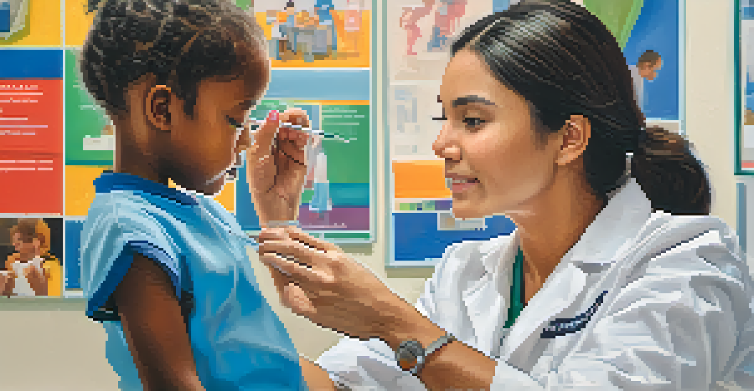 A healthcare worker giving a vaccine to a child in a clinic, capturing the focus of the worker and the calmness of the child, with educational posters in the background.