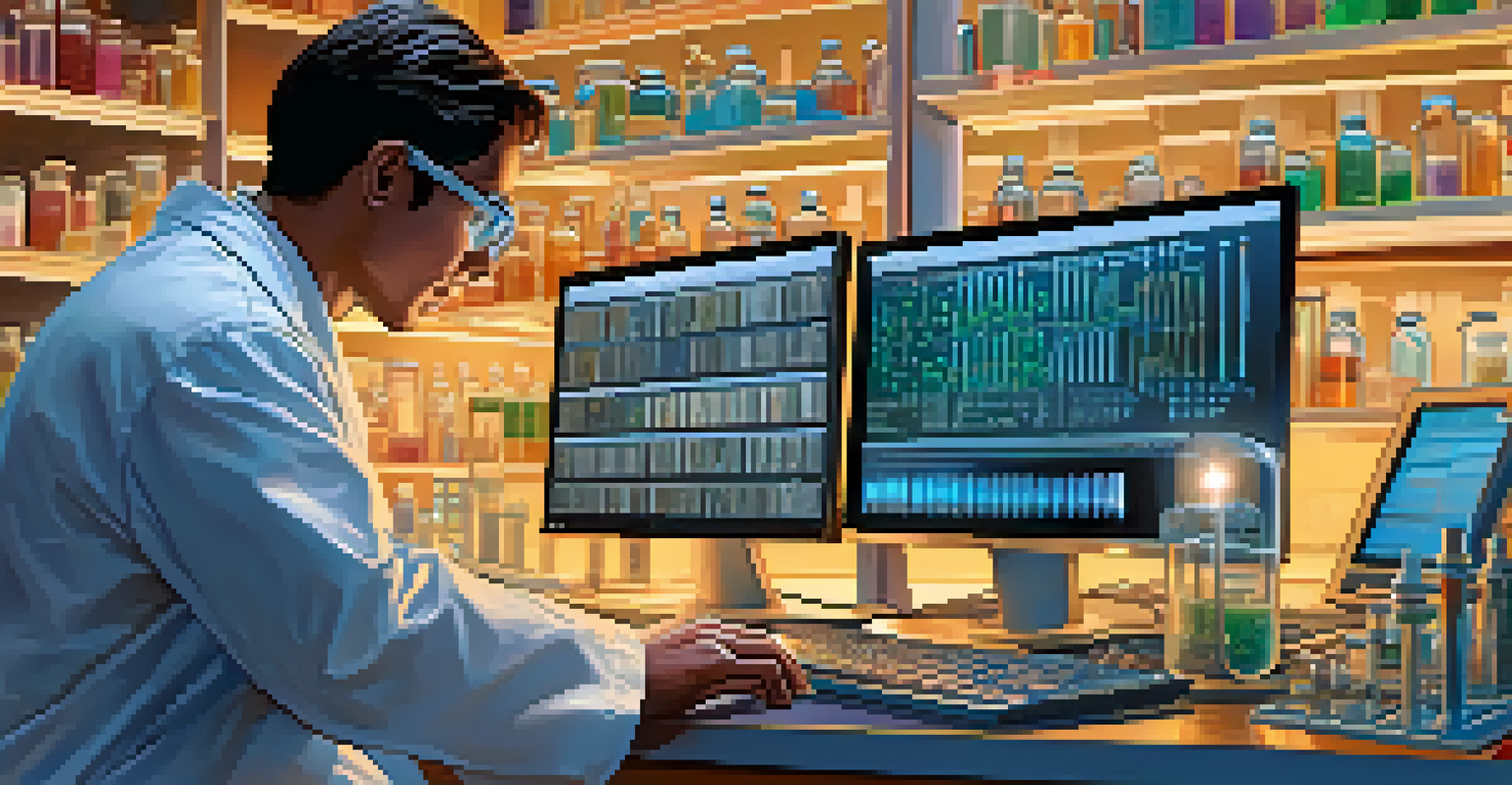 A researcher in a lab coat looking at a DNA sequence on a computer screen amidst laboratory equipment.