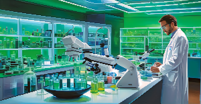 A scientist in a lab examining stem cells under a microscope in a futuristic laboratory filled with advanced technology.