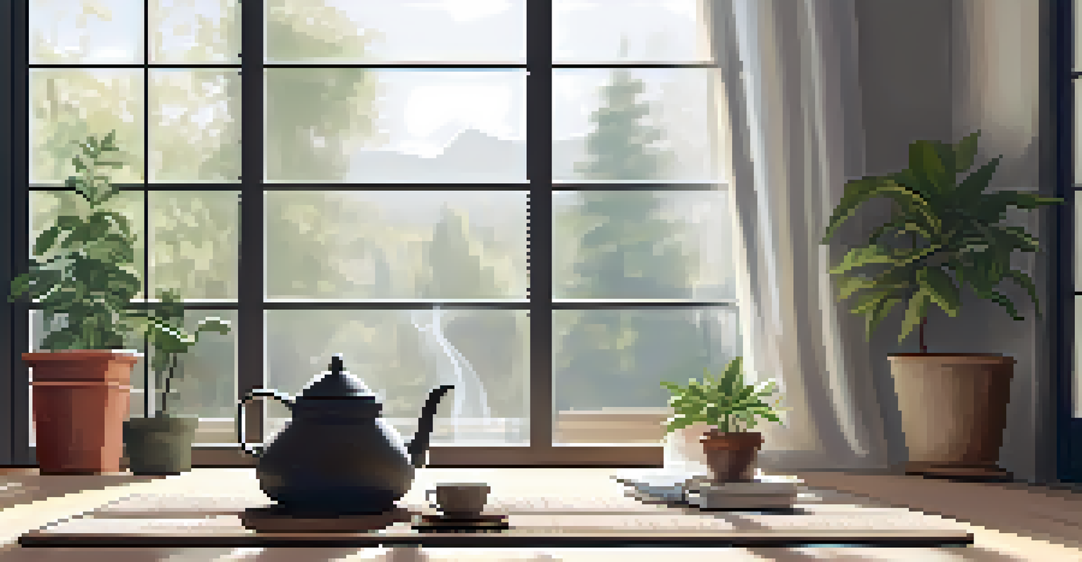A peaceful indoor yoga corner with a mat, plants, and a cup of herbal tea, illuminated by soft natural light.