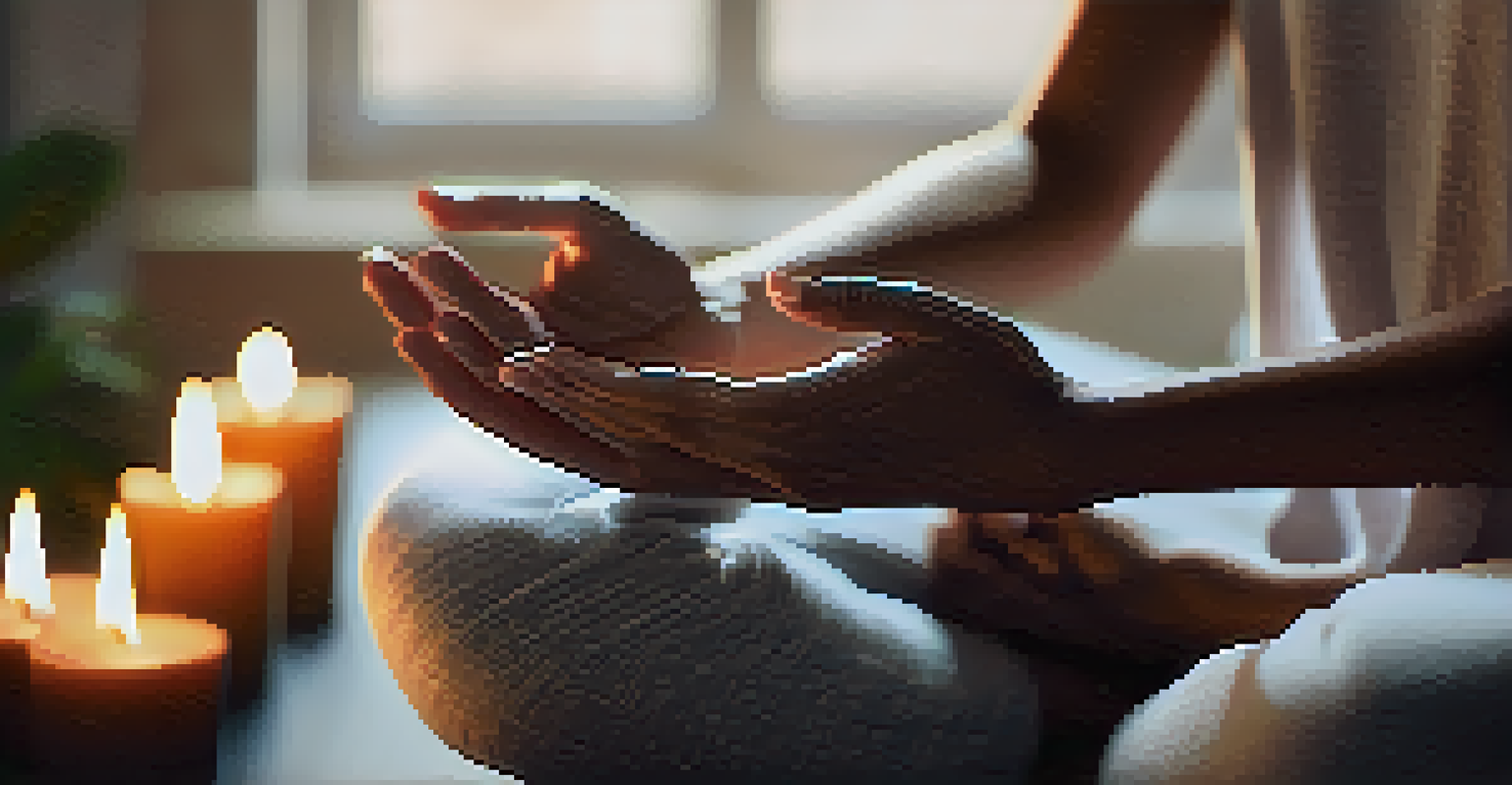 Close-up of hands in a meditative gesture, with a softly lit room and calming elements in the background.