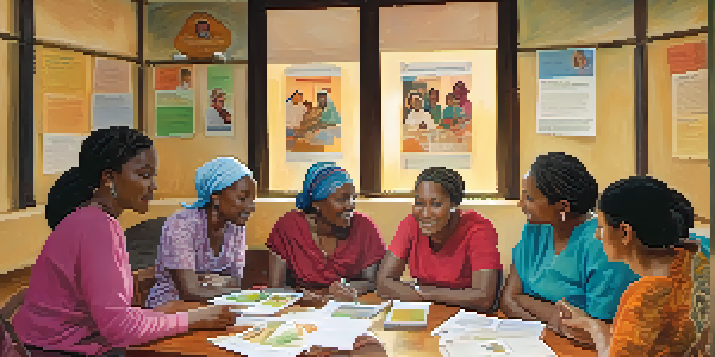 A diverse group of women attending a community health workshop focused on maternal health, with a local healthcare worker presenting.