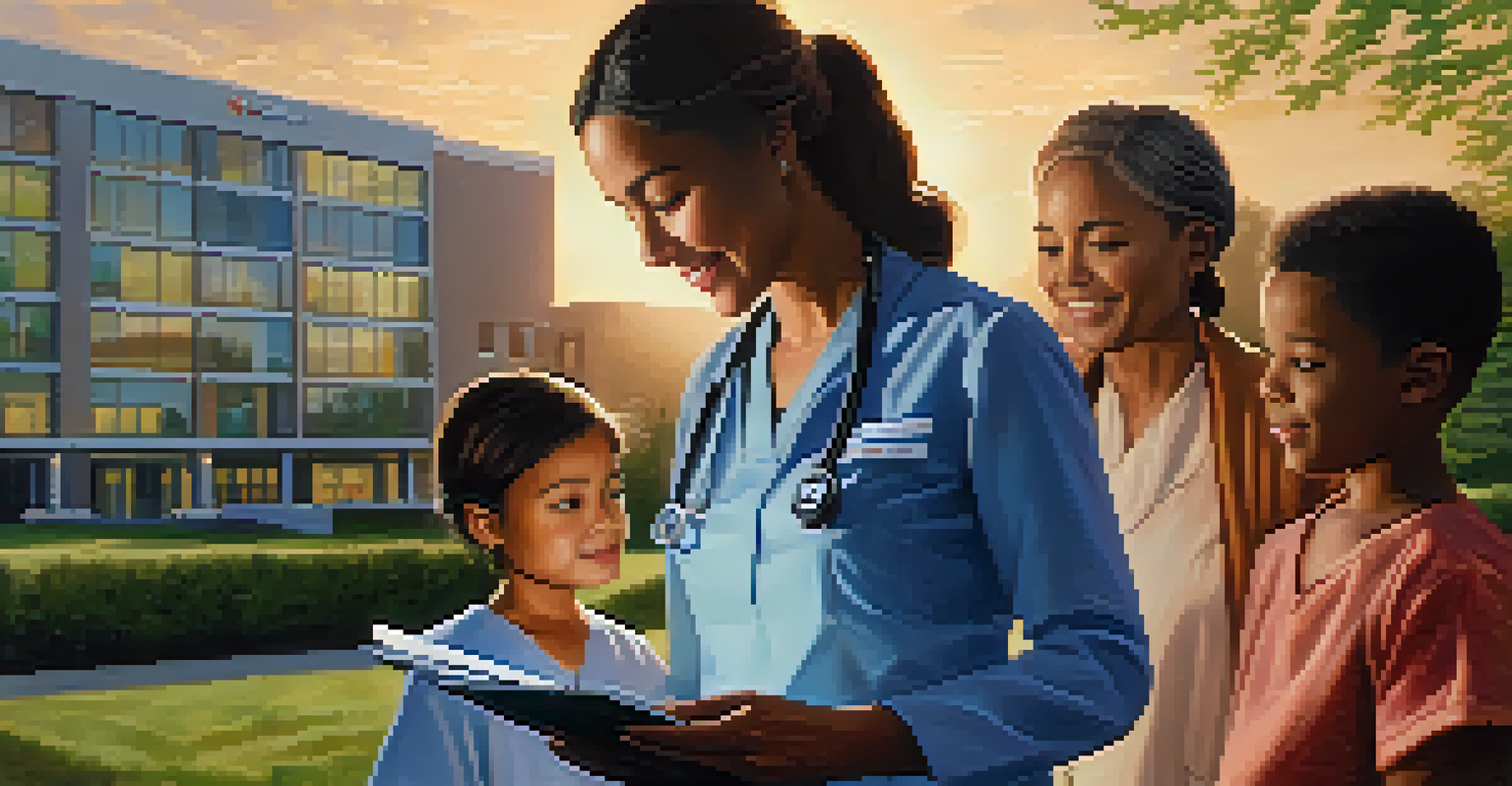 A nurse talking with a family outside a hospital during sunset, emphasizing communication in healthcare.