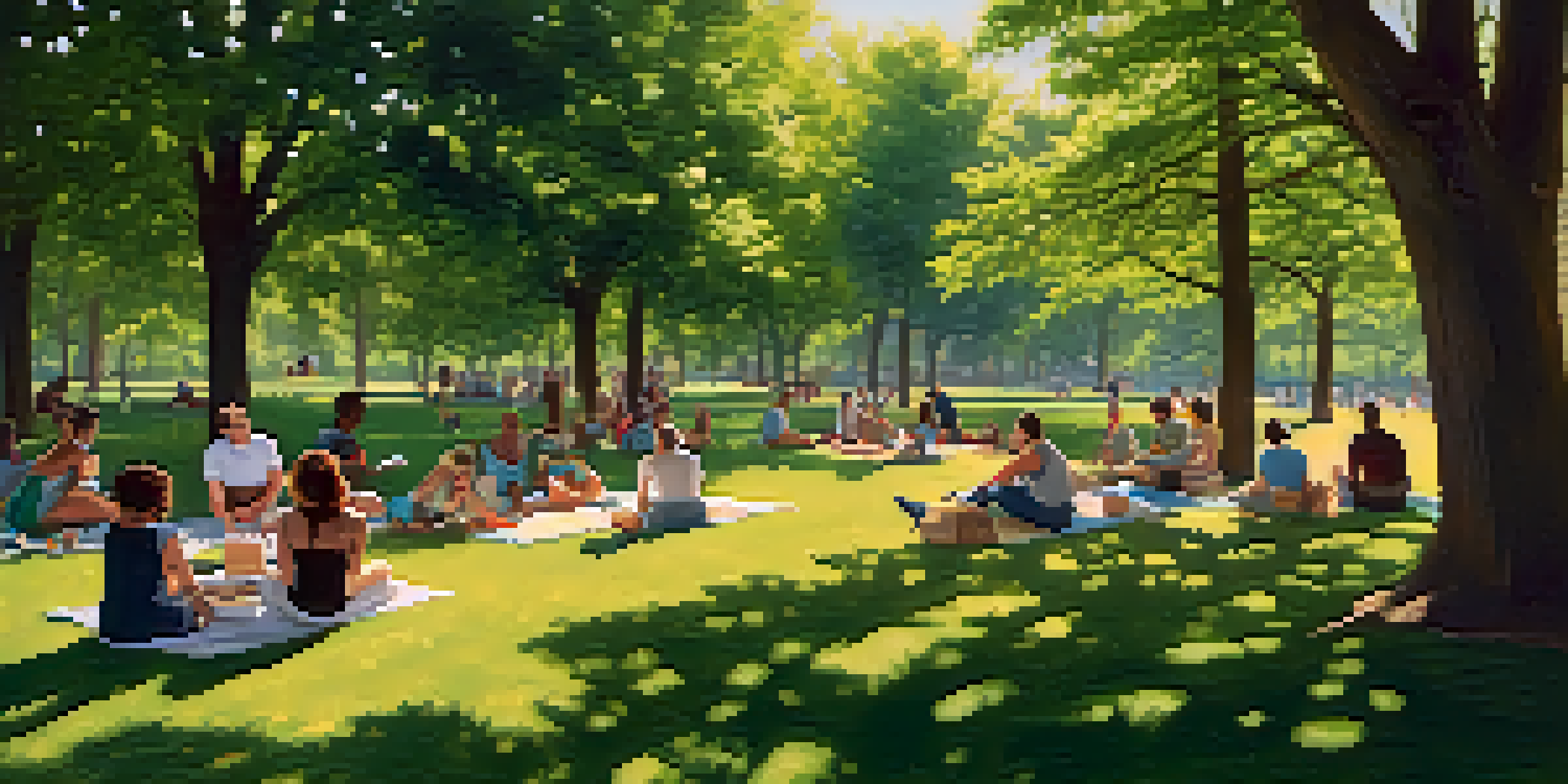 A peaceful park scene with people practicing social distancing, enjoying activities while maintaining space between them.