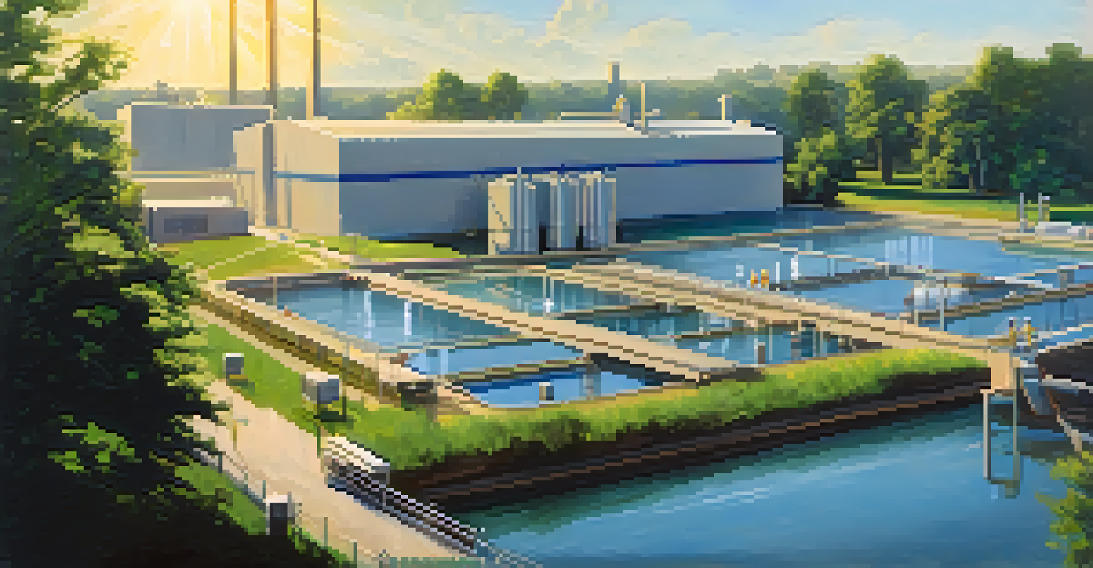 An urban water treatment facility with workers testing water quality, surrounded by trees.