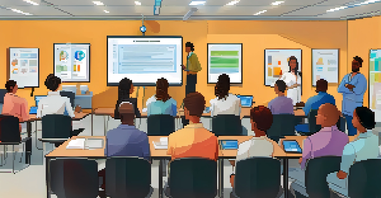 A diverse group of healthcare employees in a classroom setting, engaged in a cybersecurity training session focused on phishing awareness.