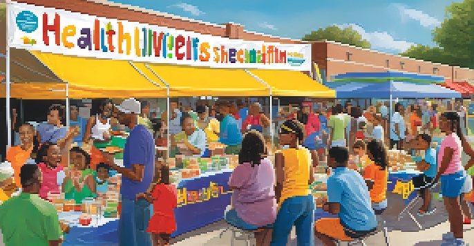 A community health fair with diverse people engaged in health screenings and fitness activities under a sunny sky.