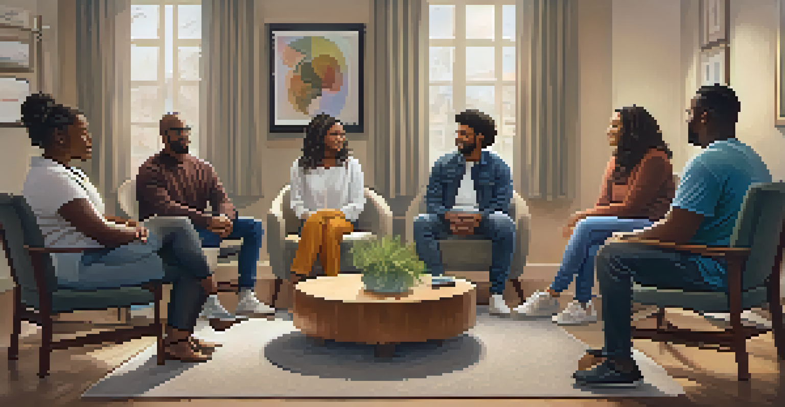 A diverse group of people in a supportive therapy session, sharing thoughts in a cozy room with soft lighting and comfortable seating.