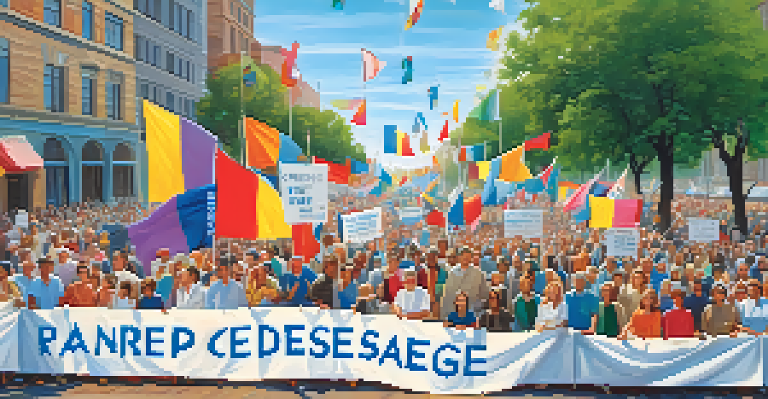 A patient advocacy group rallying for rare disease awareness with colorful banners.