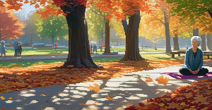 An older woman practicing yoga in a colorful autumn park, surrounded by trees and fallen leaves.