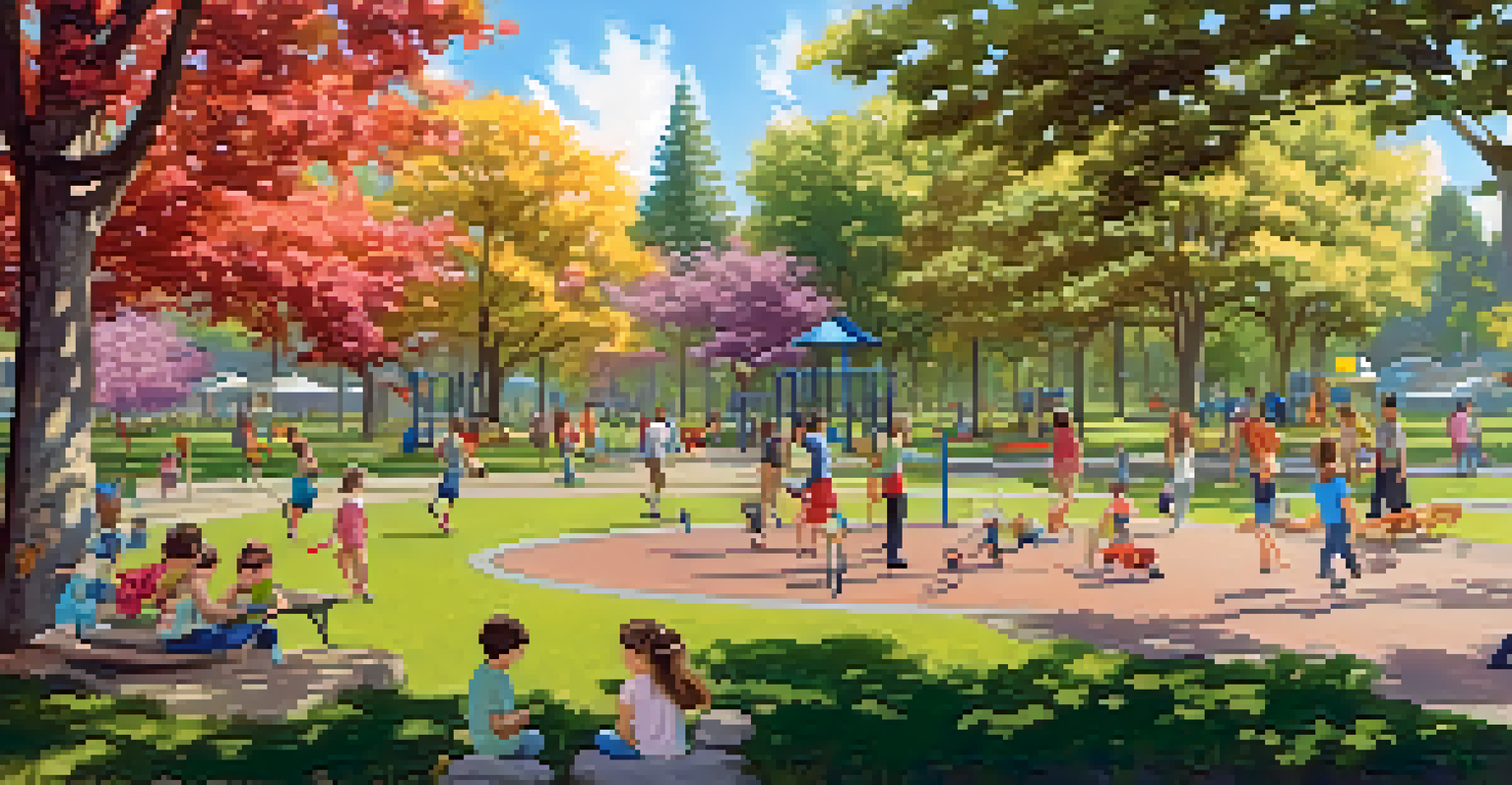 A lively urban park with children playing, adults jogging, and families enjoying picnics under a sunny sky.