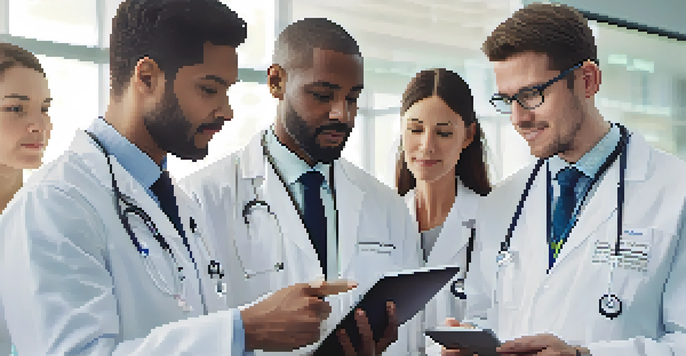 A diverse group of healthcare professionals examining genetic data on a tablet in a modern clinic.