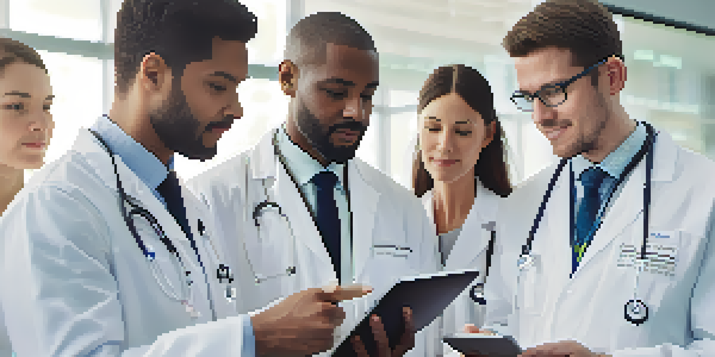 A diverse group of healthcare professionals examining genetic data on a tablet in a modern clinic.