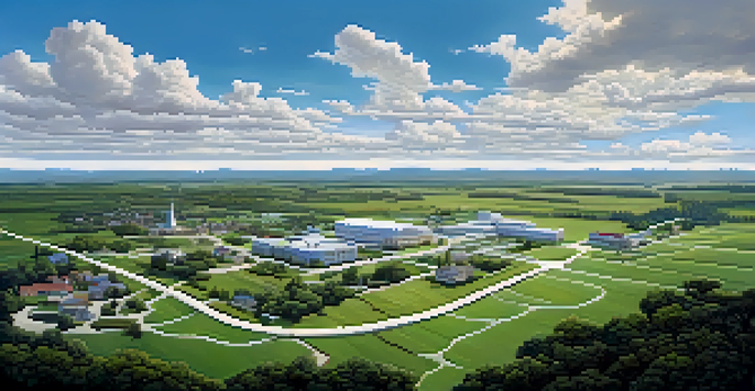 An aerial view of a rural area with a small town and a distant hospital, depicting the journey to access healthcare.