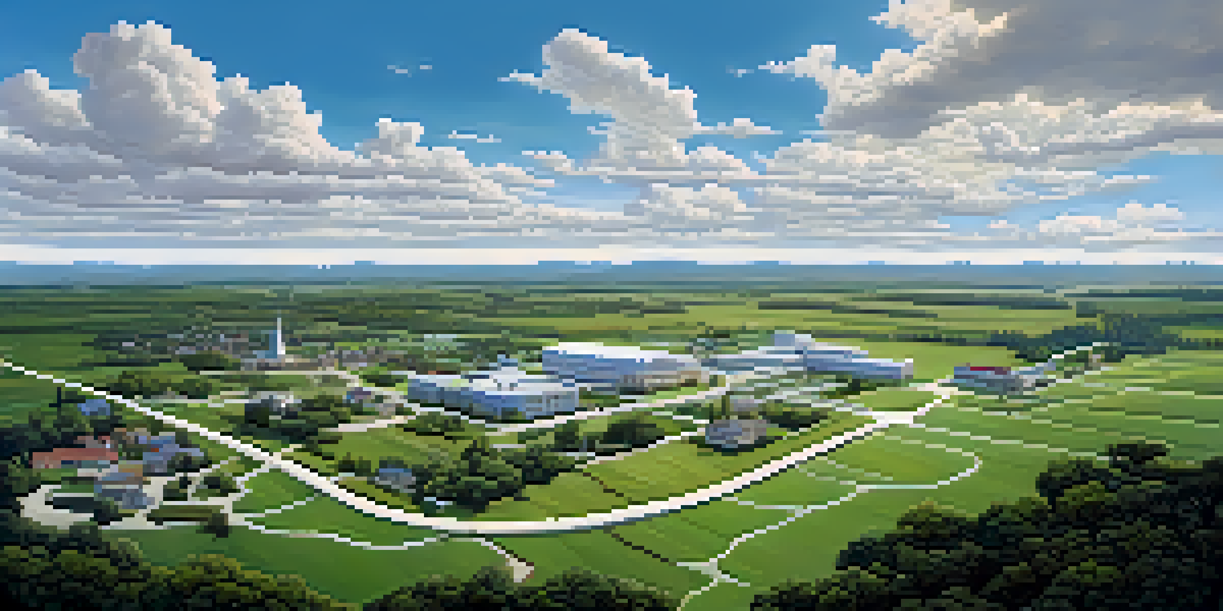 An aerial view of a rural area with a small town and a distant hospital, depicting the journey to access healthcare.