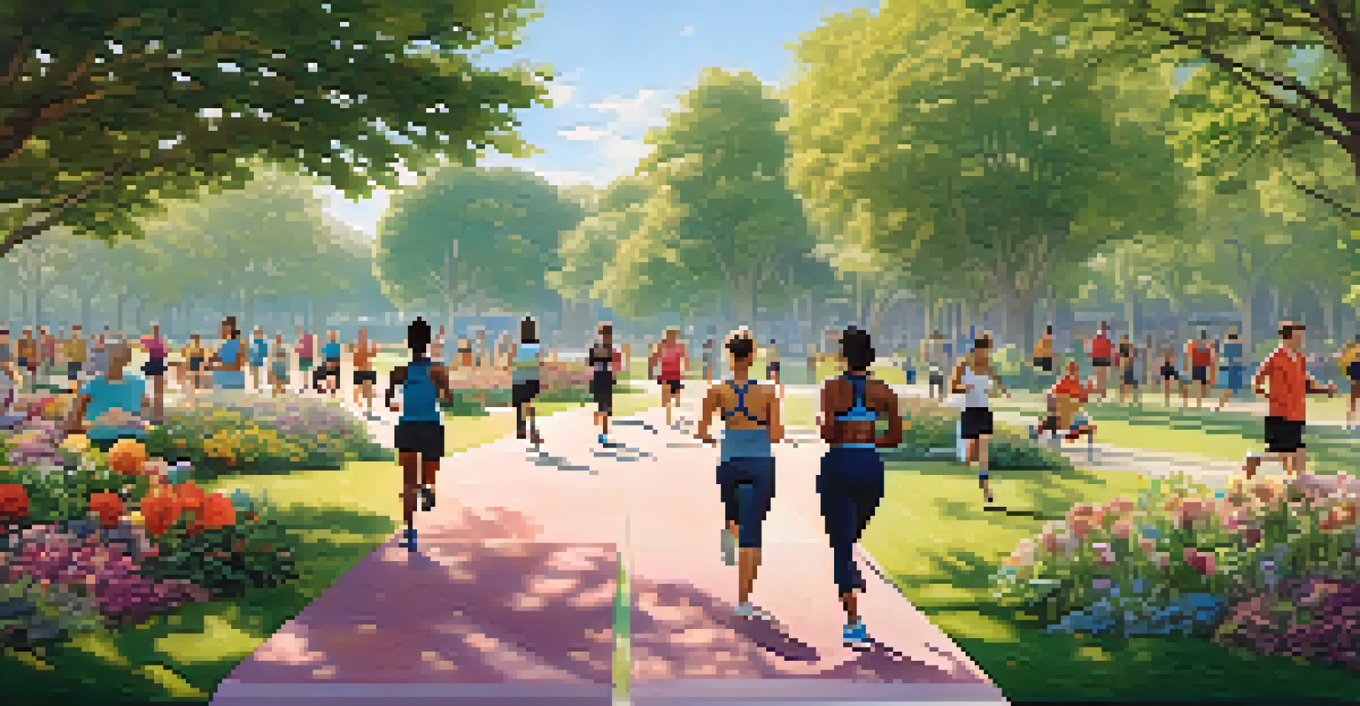 A diverse group of people exercising in a sunny park, all wearing fitness trackers.