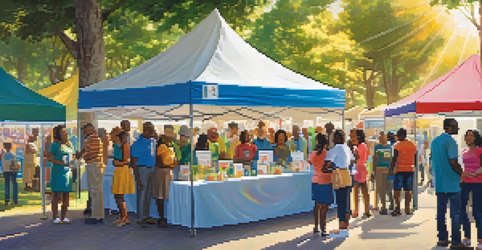 A vibrant community health fair with diverse individuals interacting and exploring health resources under sunny skies.