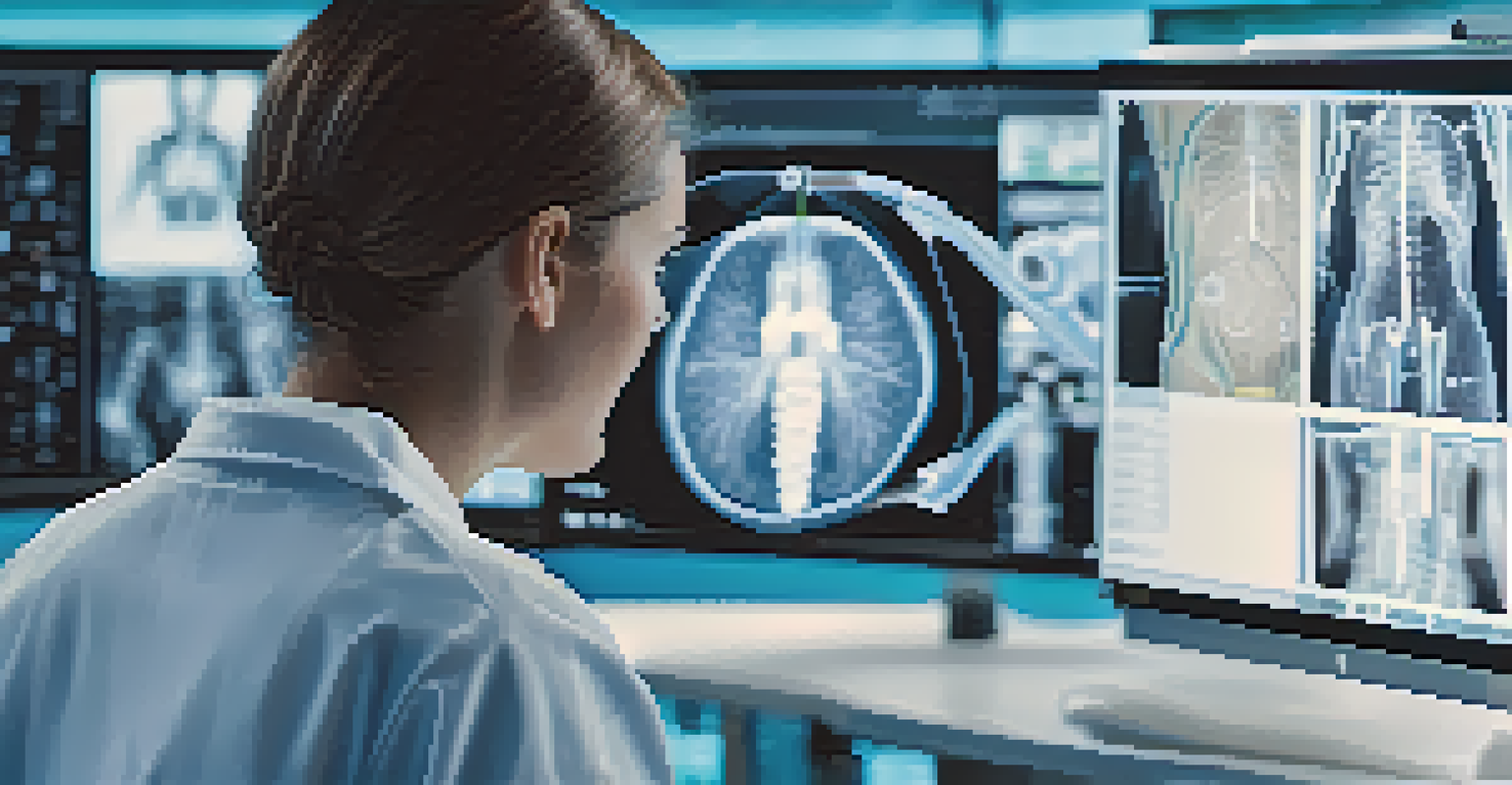 A medical professional examining a patient's scan with advanced technology in a high-tech environment.