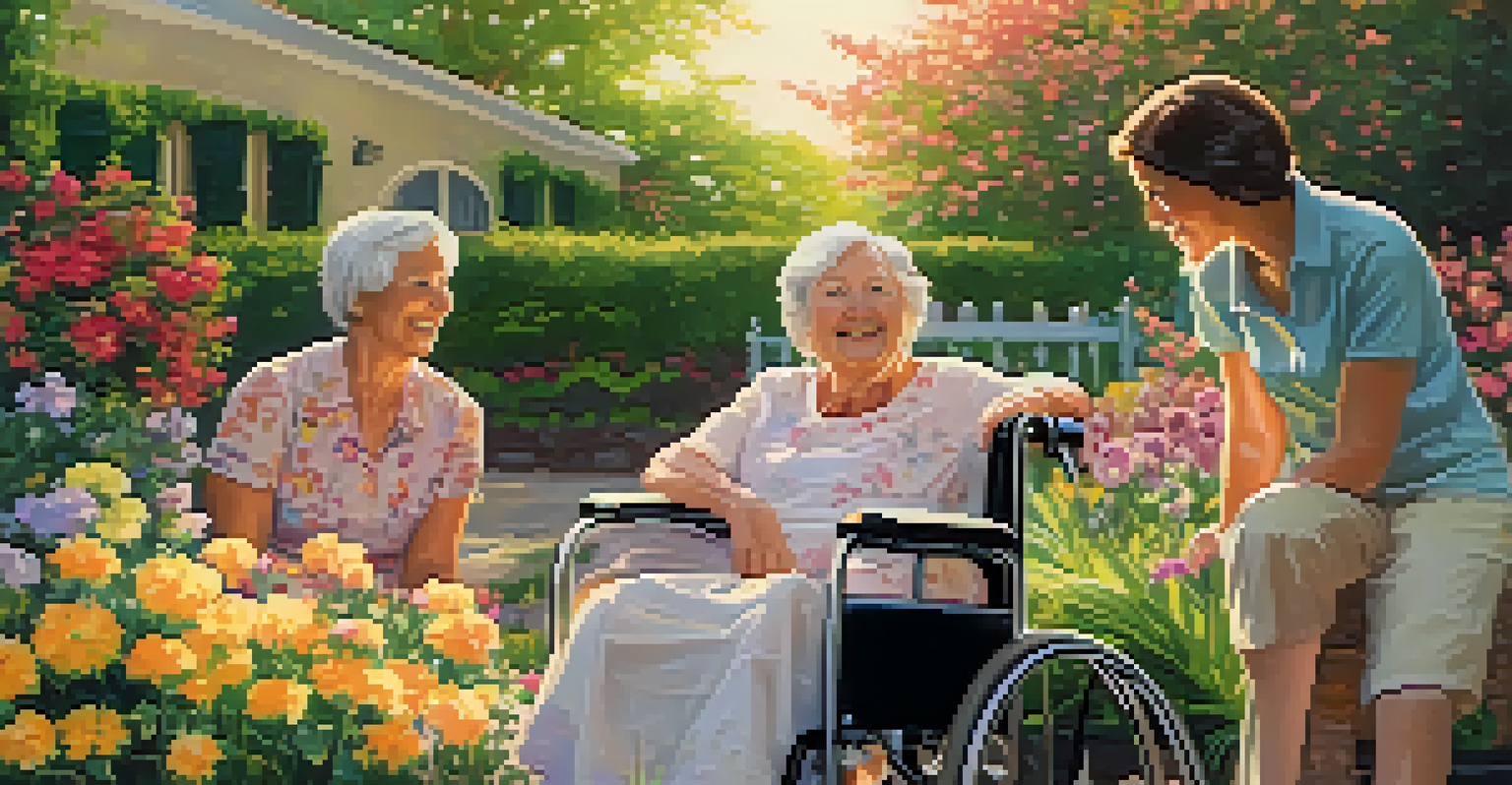 A patient in a wheelchair sitting in a garden surrounded by family, enjoying a sunny day with blooming flowers.
