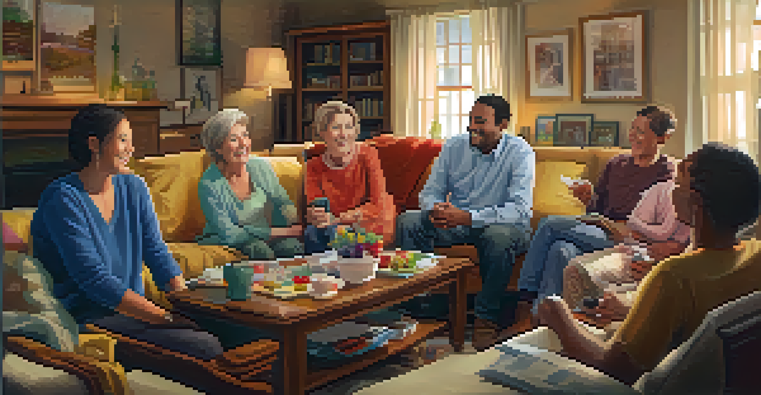 A family gathered in a cozy living room, sharing stories with a patient, creating a warm and supportive atmosphere.
