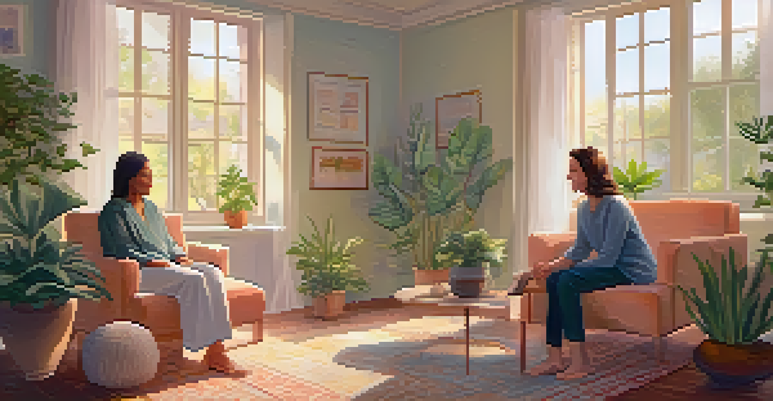 A therapist and a patient sitting in a cozy room, discussing and providing support during a therapy session.