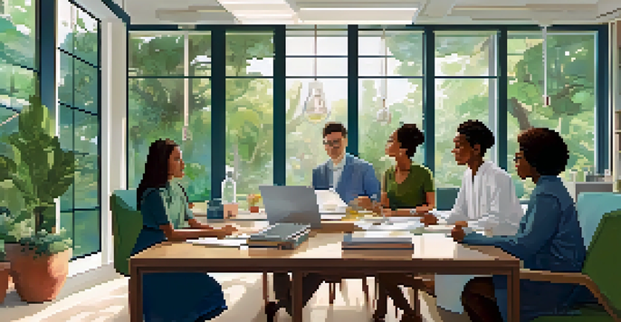 A diverse group of researchers engaged in a discussion about ethics in a bright laboratory with a garden view.