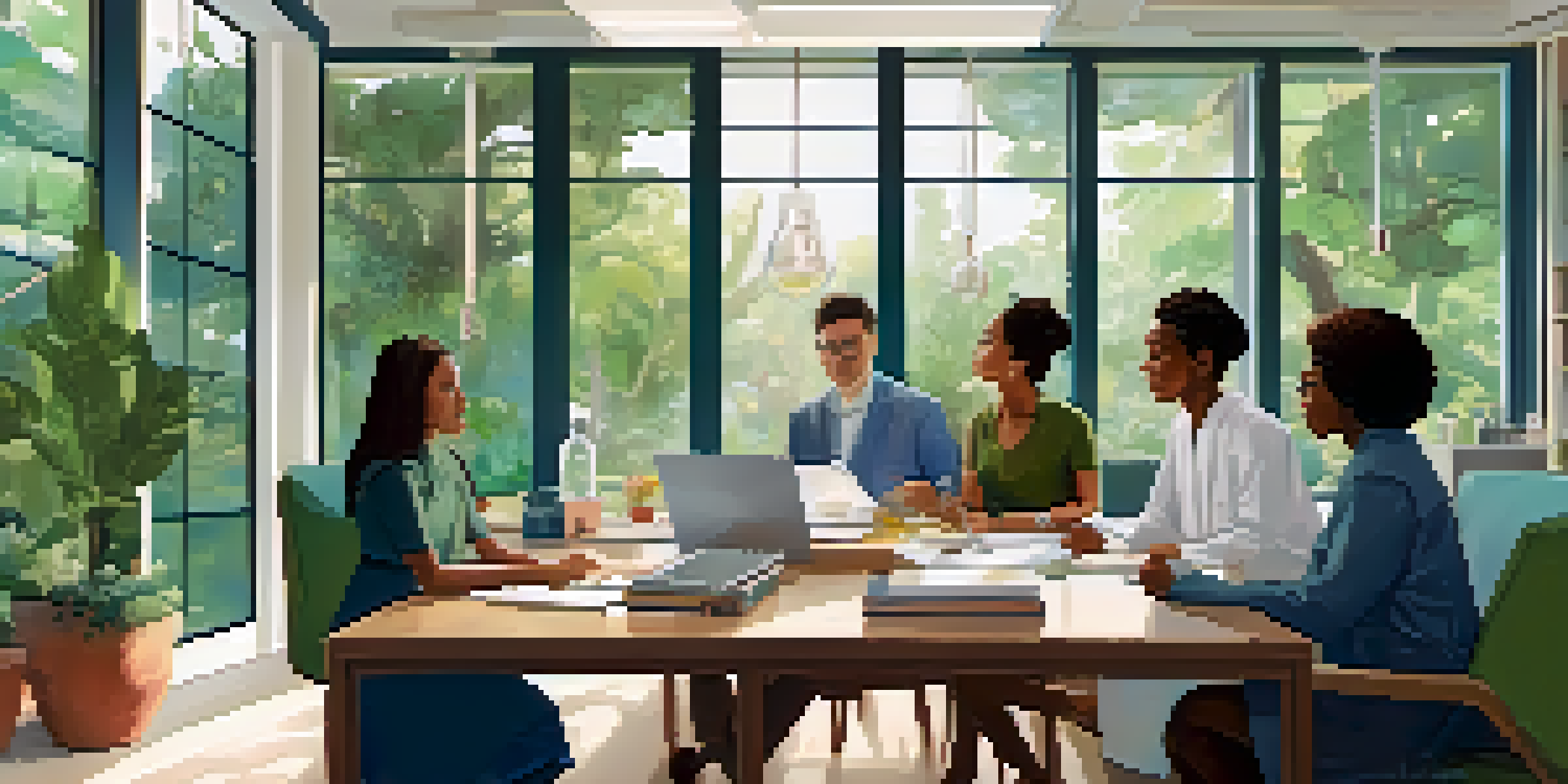 A diverse group of researchers engaged in a discussion about ethics in a bright laboratory with a garden view.