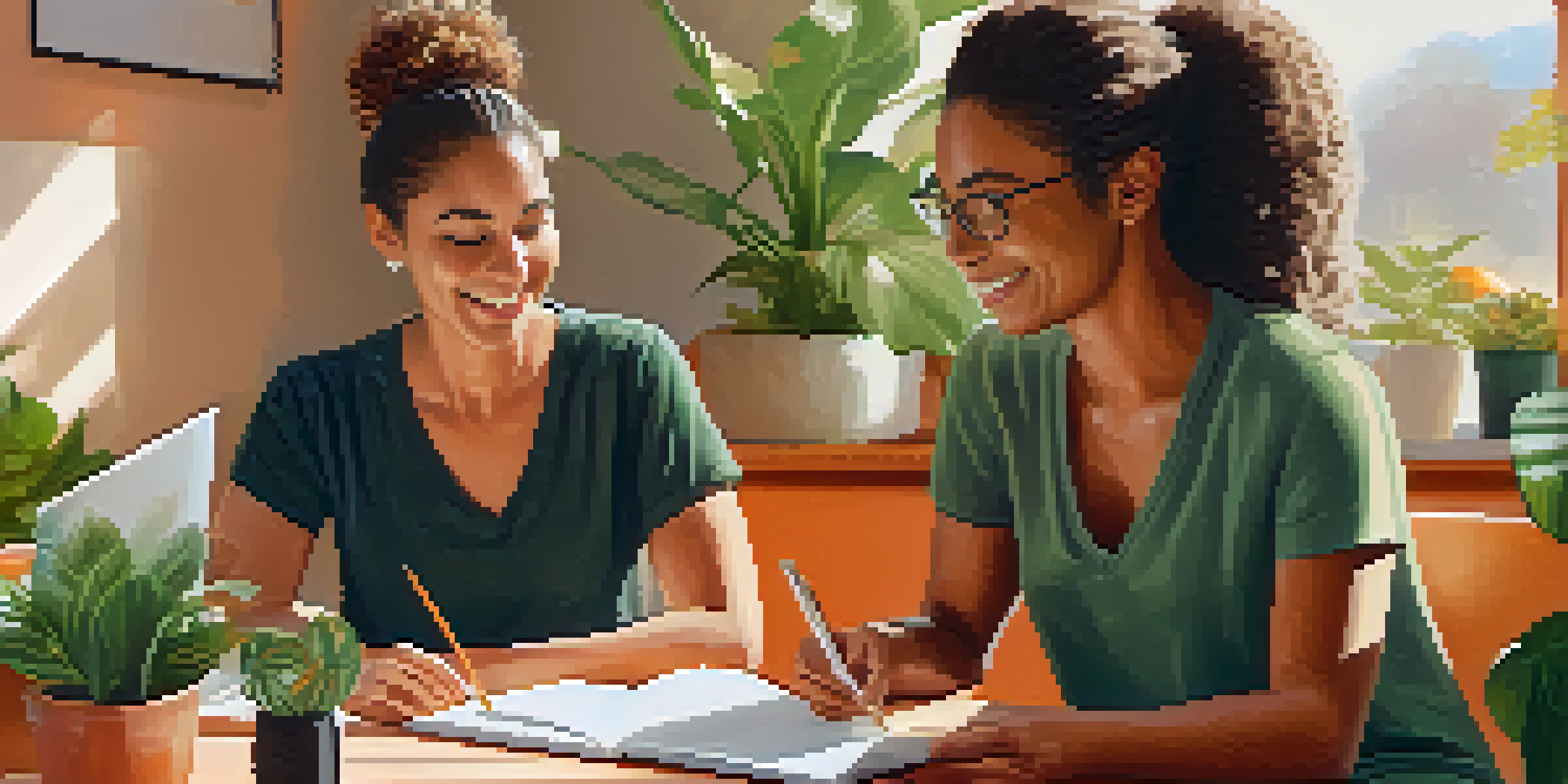 A health coach and a client in a bright room, reviewing wellness goals together, with a notebook and indoor plants around them.