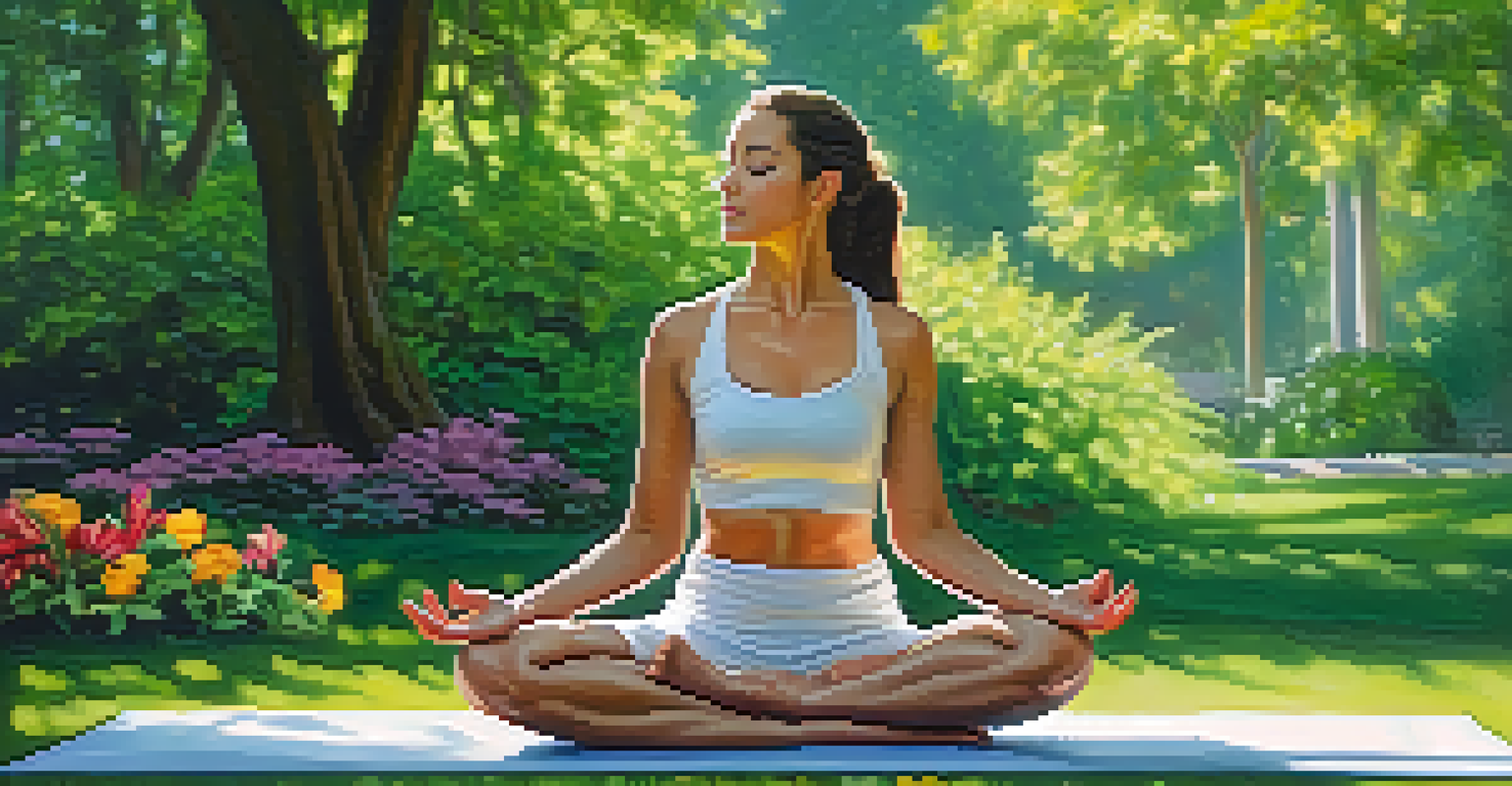 A woman doing yoga in a peaceful park, surrounded by trees and flowers, illustrating balance and flexibility.