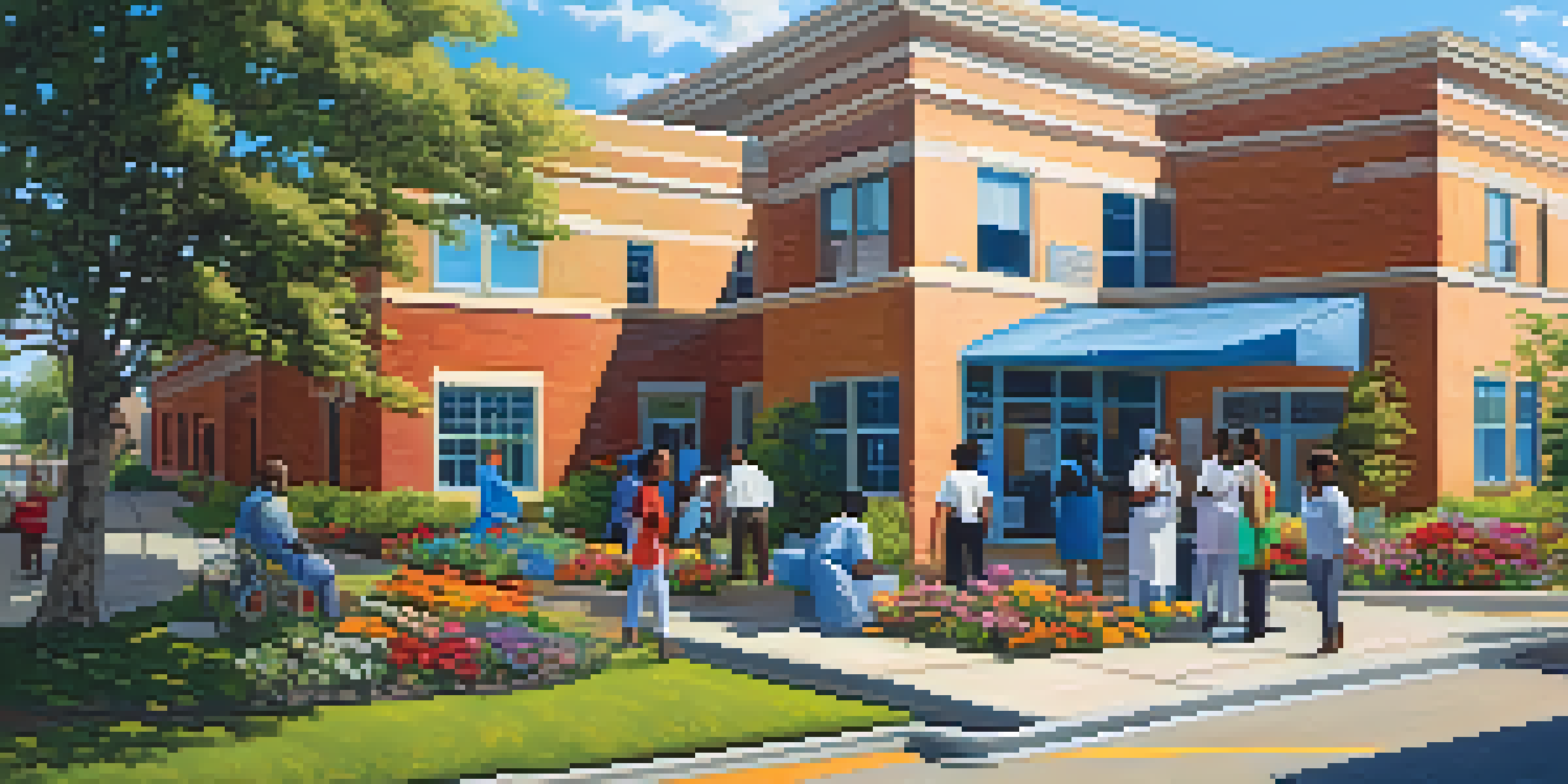 A community health clinic in a vibrant neighborhood with people of various backgrounds, surrounded by greenery and flowers, under a sunny sky.