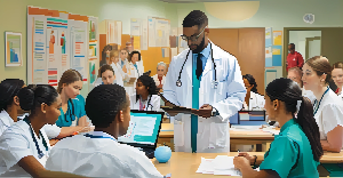 A diverse group of healthcare professionals participating in a cultural competence training session in a bright classroom.