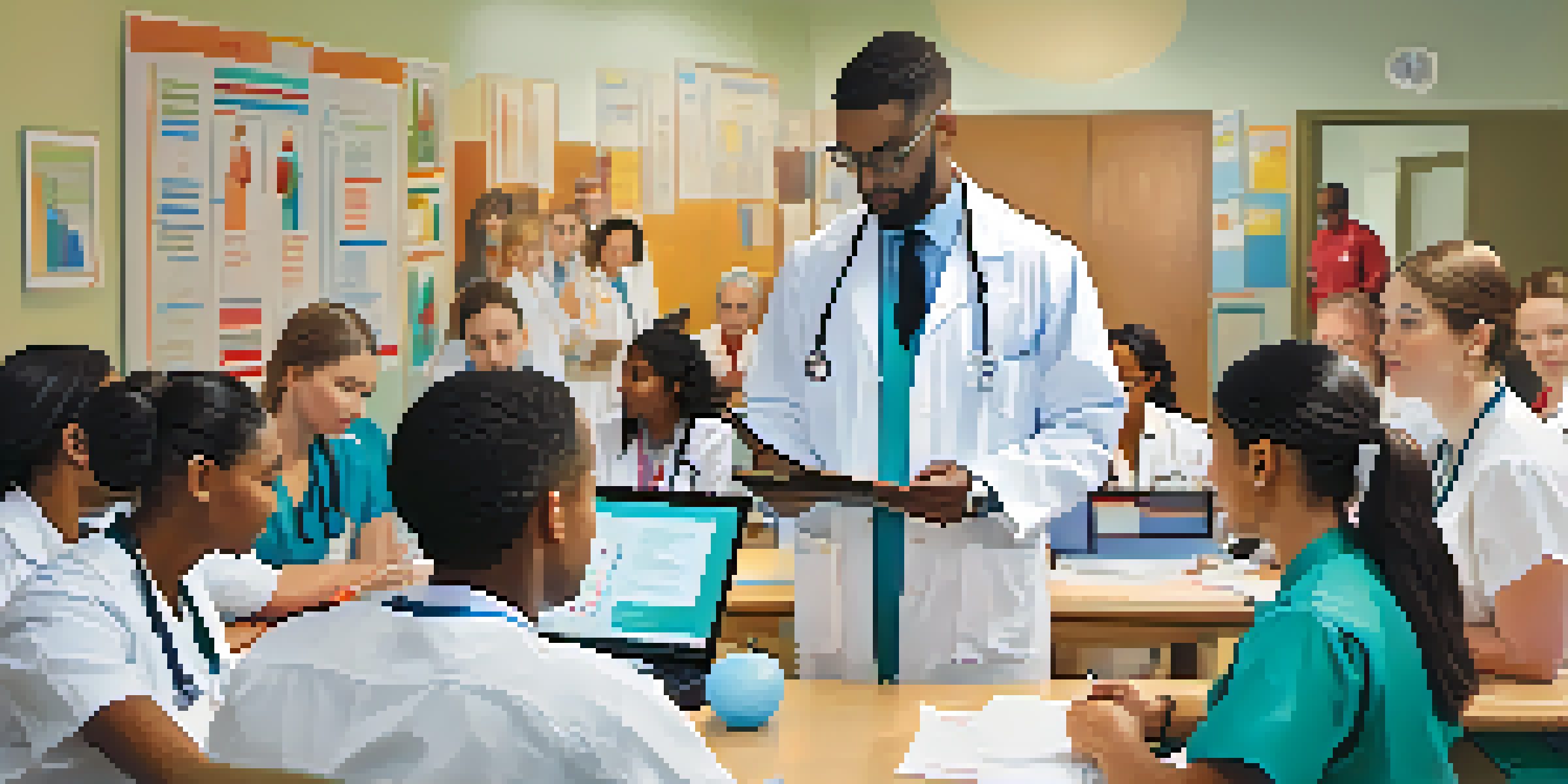 A diverse group of healthcare professionals participating in a cultural competence training session in a bright classroom.