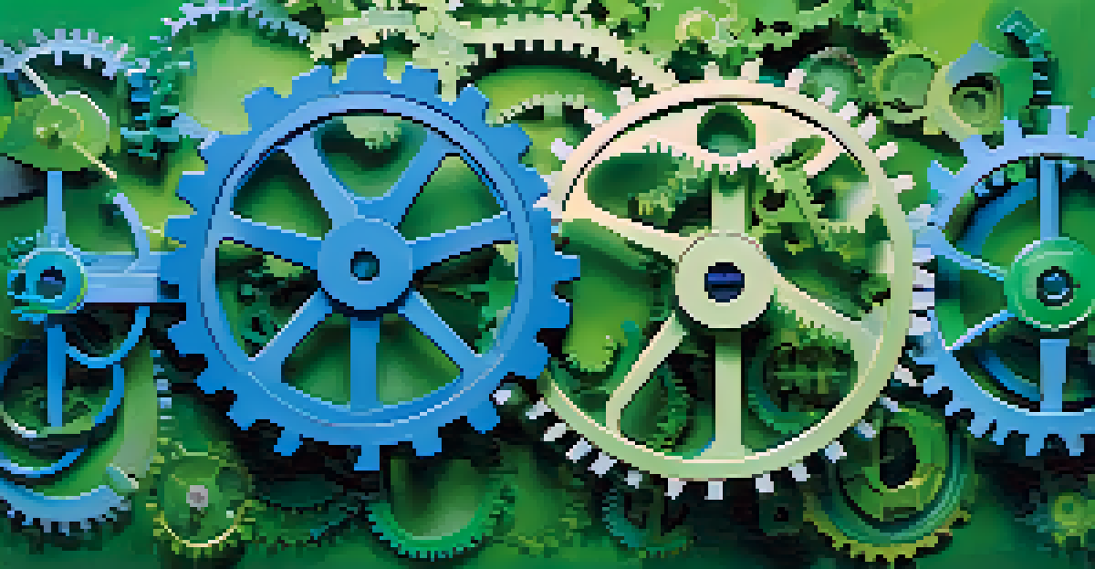 An abstract image depicting interconnected gears labeled with funding sources for health systems against a blue-green gradient background.