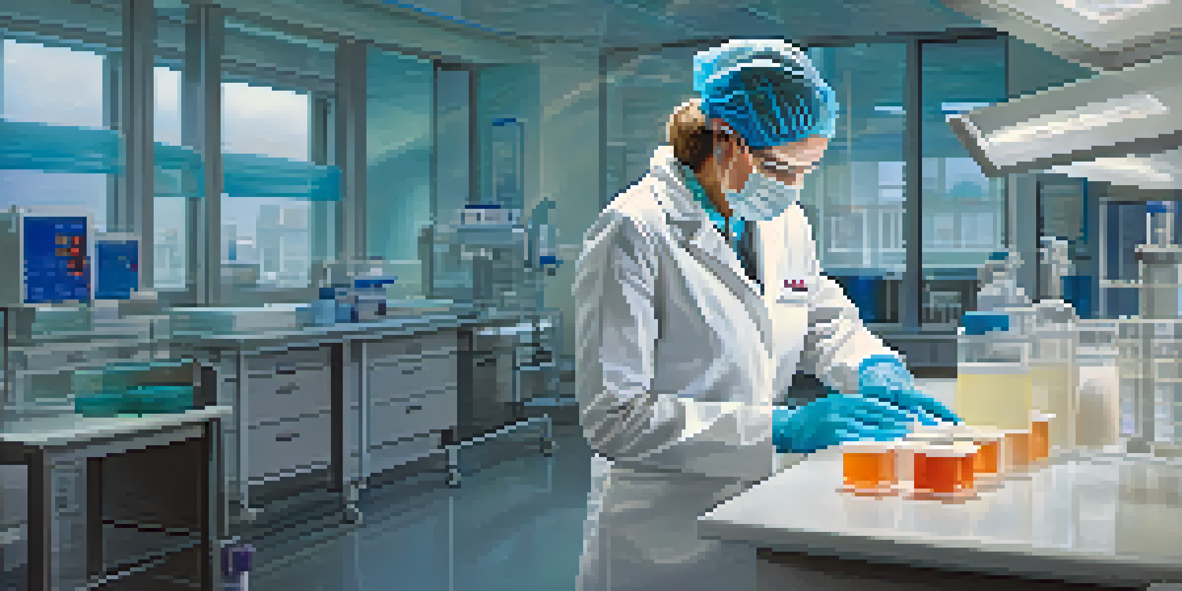 A healthcare professional in full protective gear examining a petri dish with bacteria in a hospital lab.