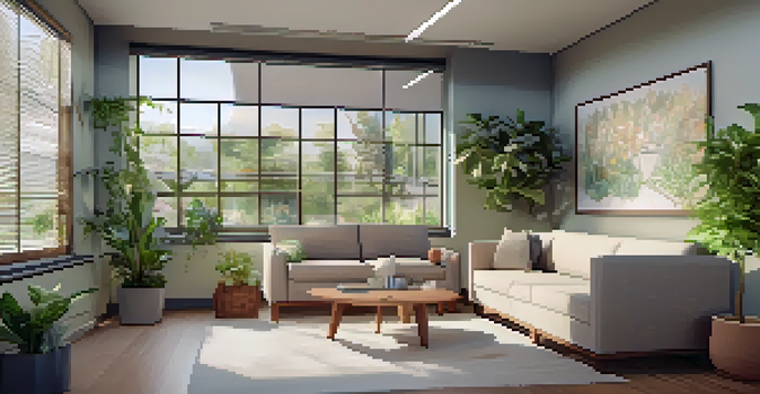 A modern genetic counseling office filled with natural light, featuring plants and a friendly genetic counselor interacting with a family.