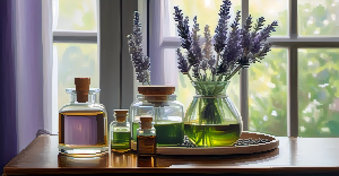 A calming setting with a diffuser, essential oils, green plants, and a lit candle, illuminated by soft natural light.