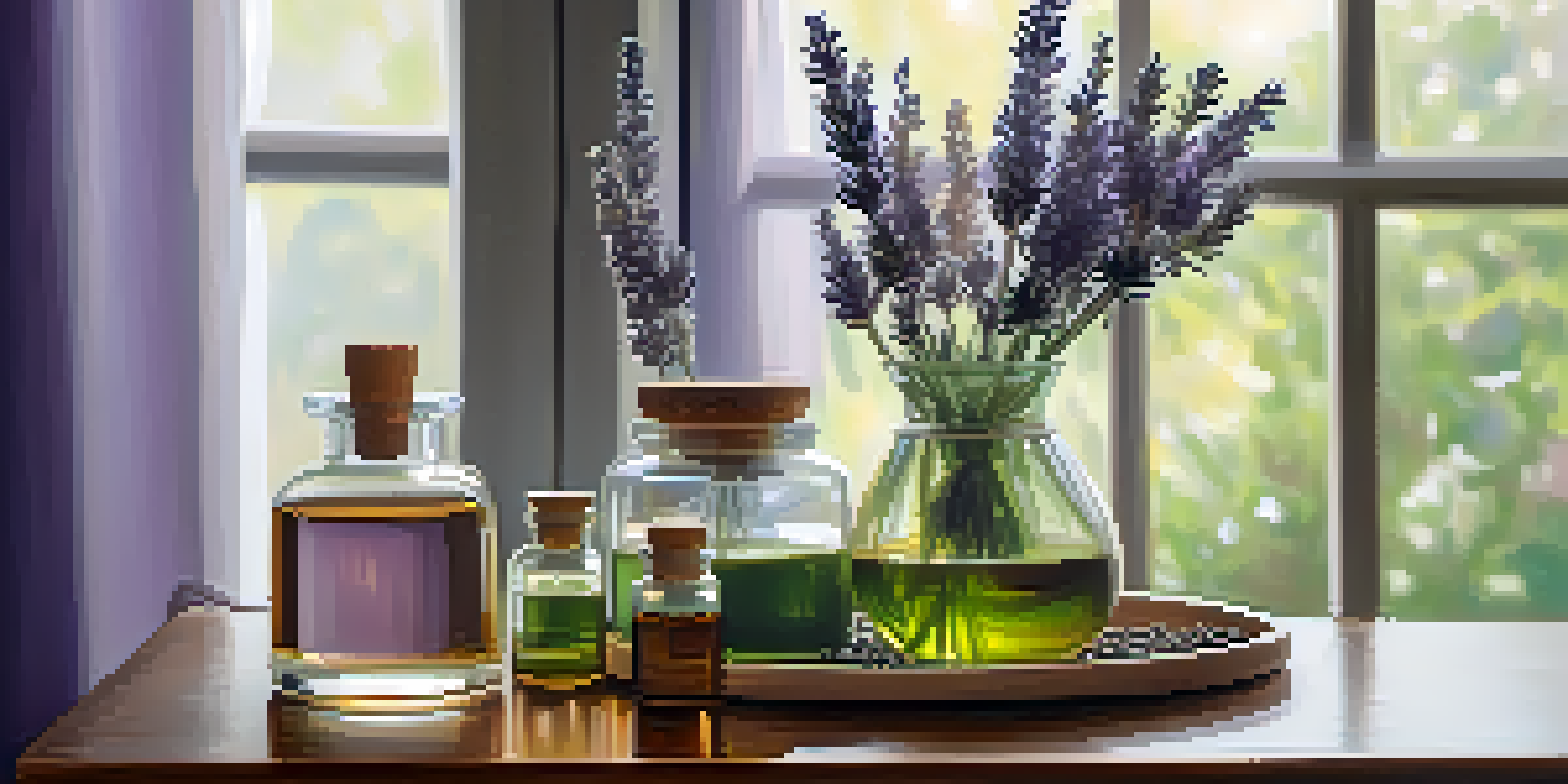 A calming setting with a diffuser, essential oils, green plants, and a lit candle, illuminated by soft natural light.