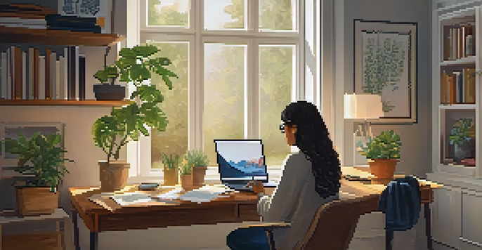 A person in a cozy home office having a telemedicine consultation on a laptop.