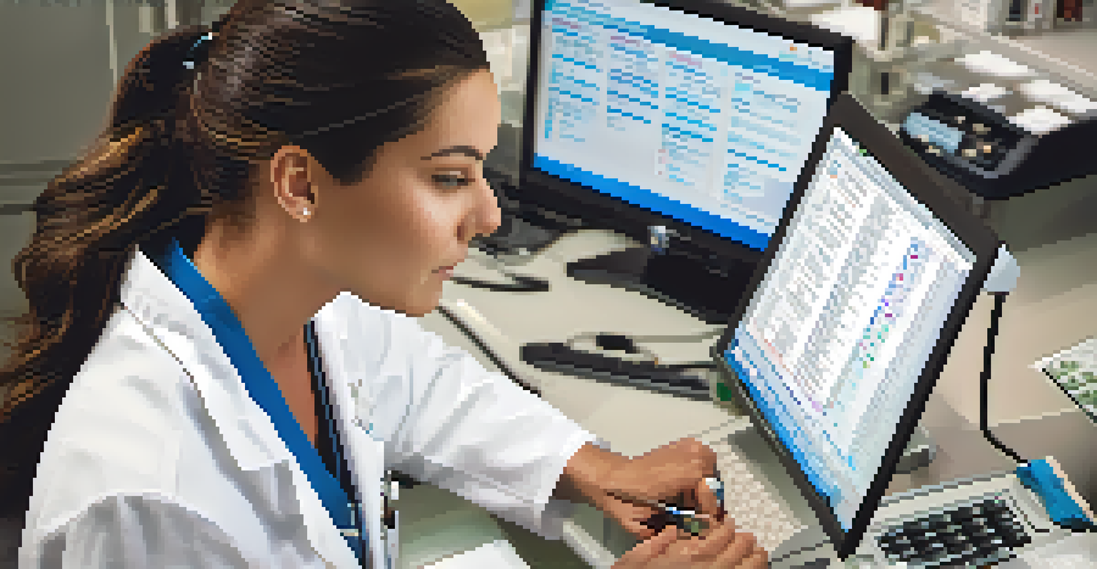 A pharmacist examining a patient's electronic health record on a computer, highlighting personalized medicine.