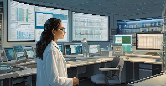 A researcher in a lab coat examines DNA samples under a microscope in a softly lit laboratory, surrounded by charts and data related to genetic research.
