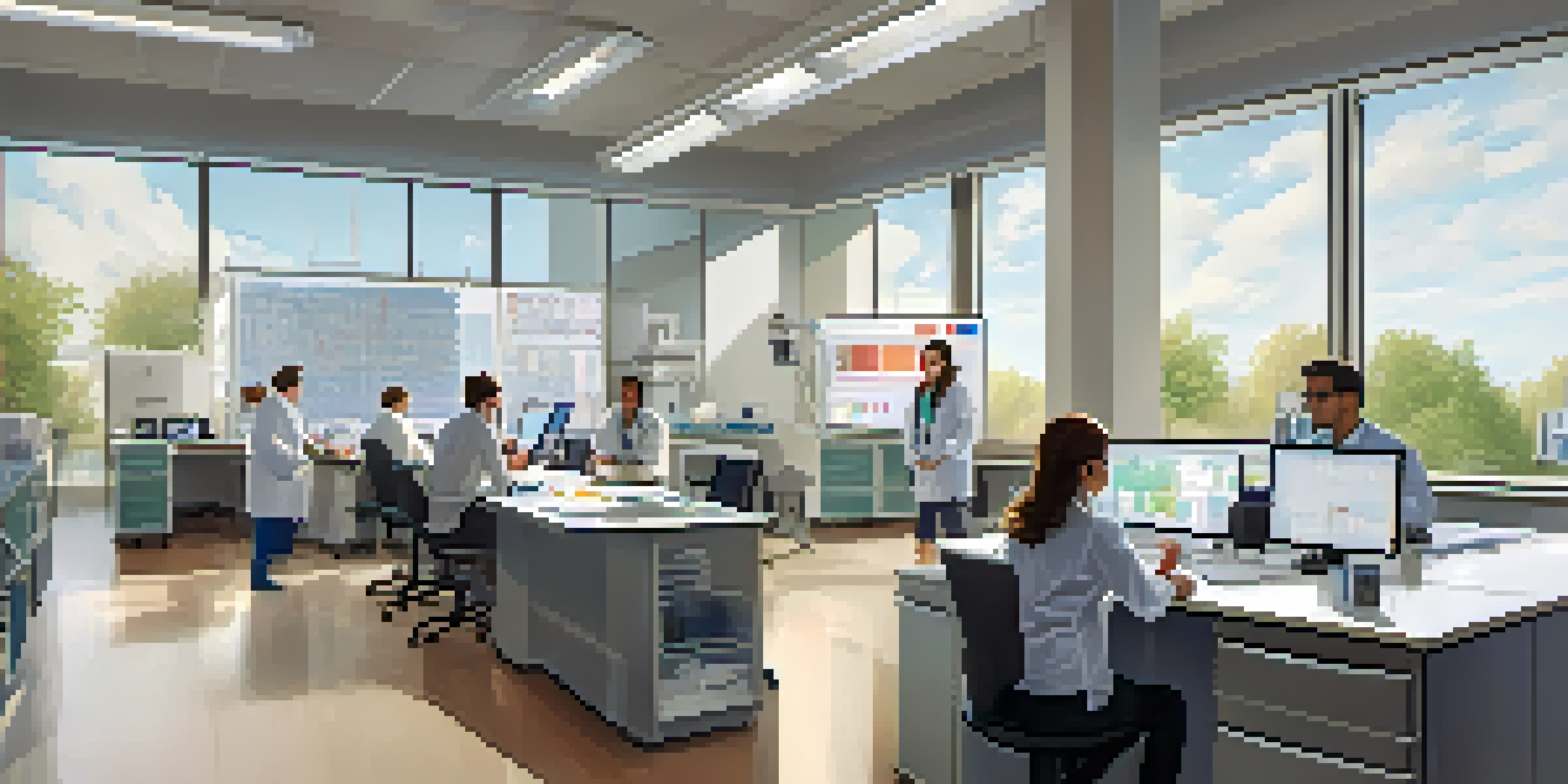 A diverse group of researchers collaborating in a bright medical lab, discussing results with charts and a laptop on the table.