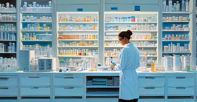 A healthcare professional in a laboratory analyzing a DNA sample under a microscope, with vials and equipment in the background.