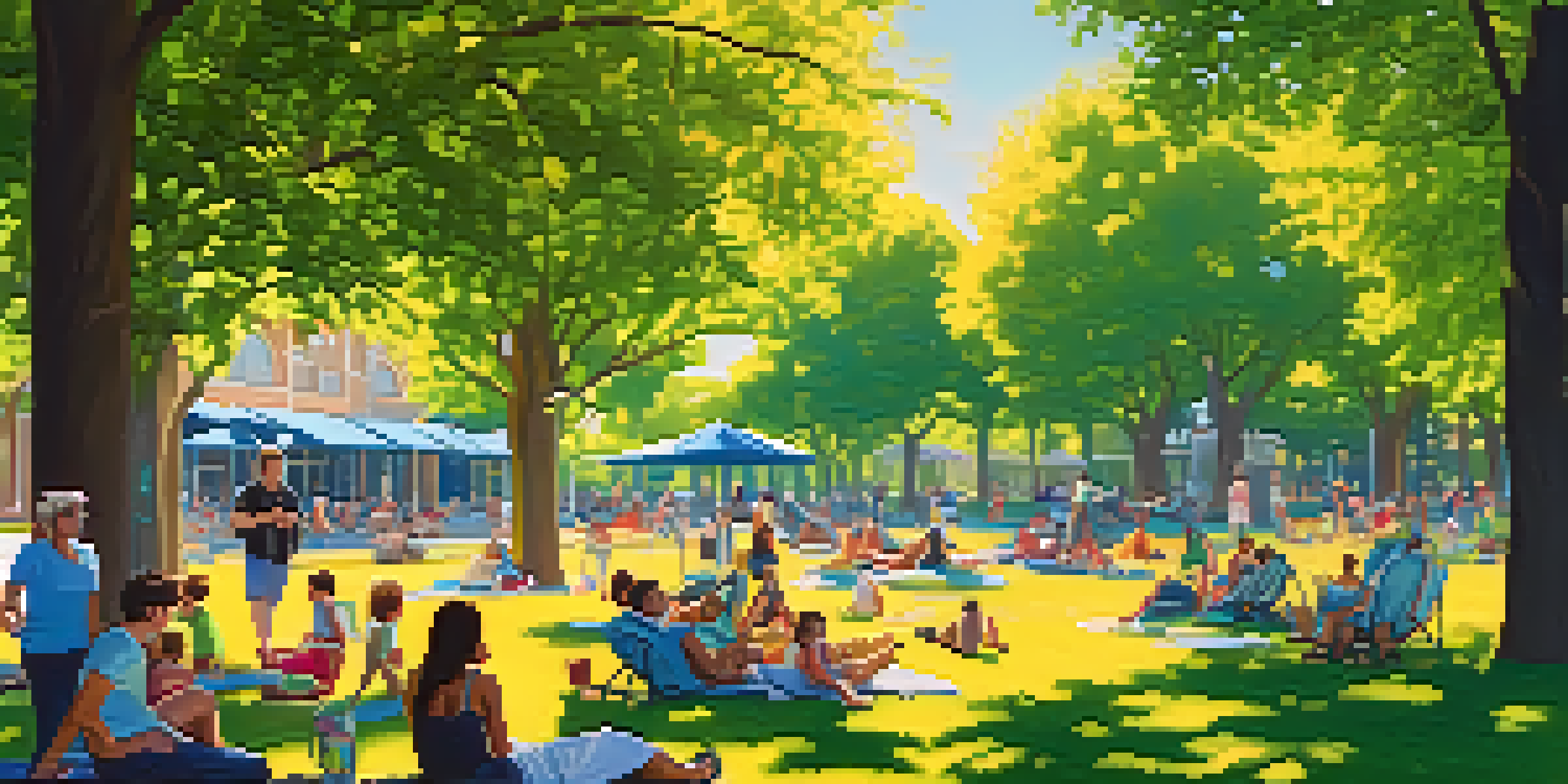 A peaceful urban park with people enjoying the shade during a summer heatwave, surrounded by greenery and colorful flowers.