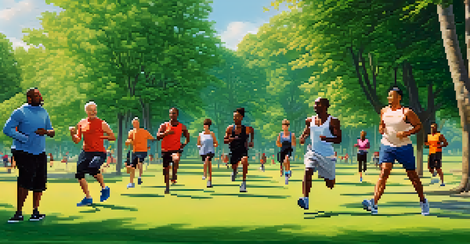 A diverse group of men exercising together in a park, enjoying outdoor fitness.