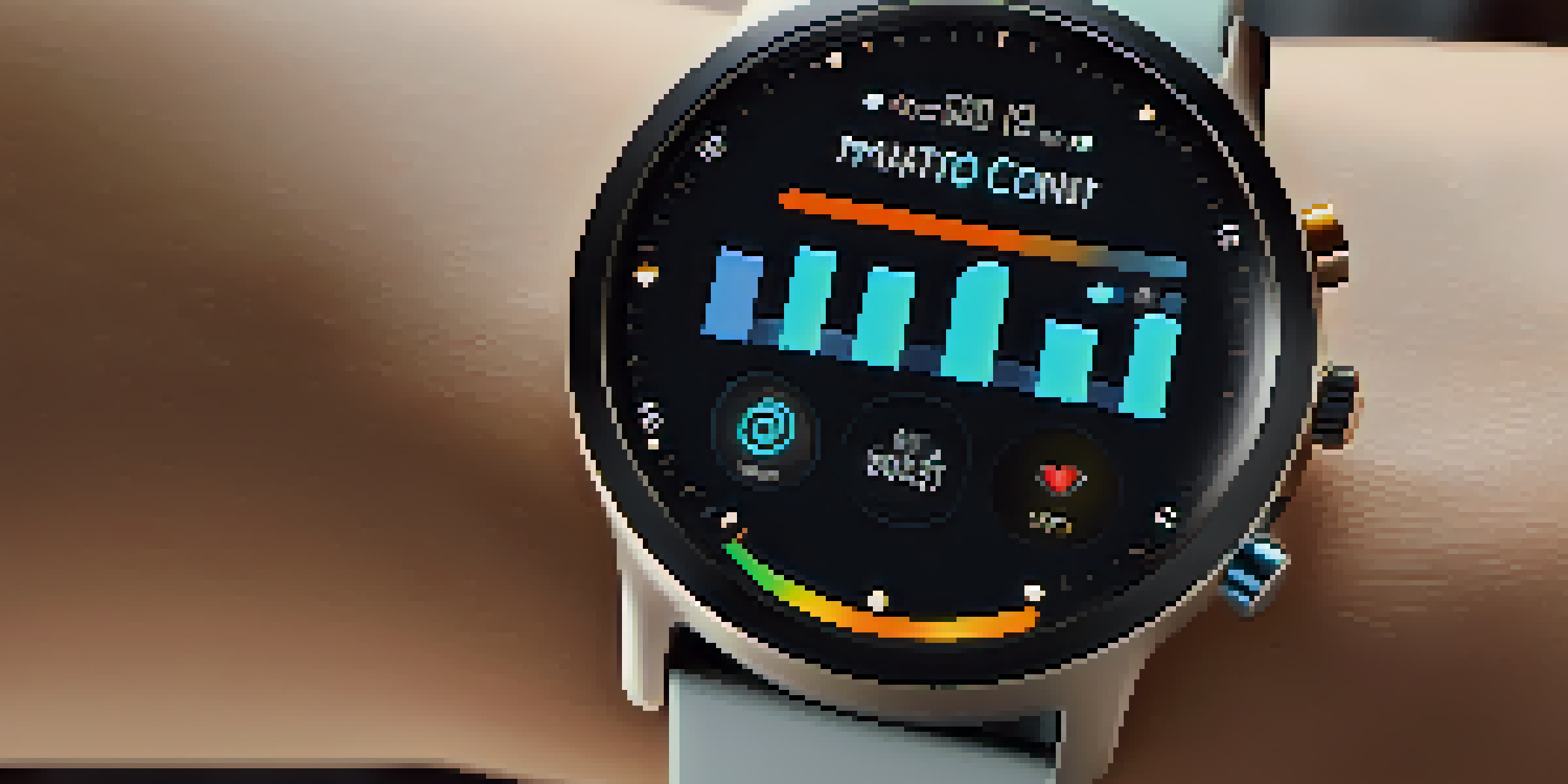 A close-up of a wrist wearing a smartwatch showing health metrics in a modern living room.