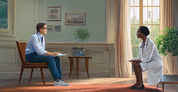 A doctor and a patient in a cozy healthcare setting, engaged in a conversation, with soft lighting and plants around them.